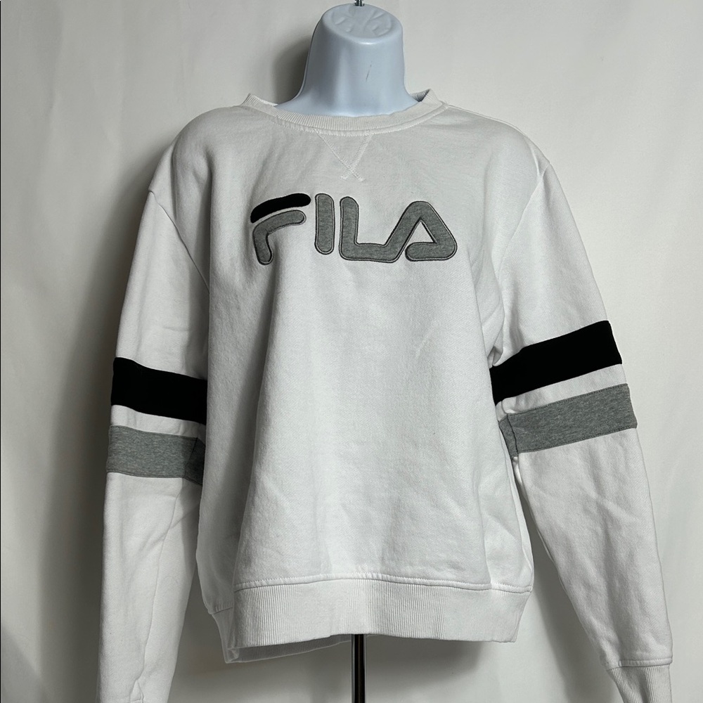 Fila  White Sweatshirt Black Gray Stripes Sleeves Women’s Size Large Top